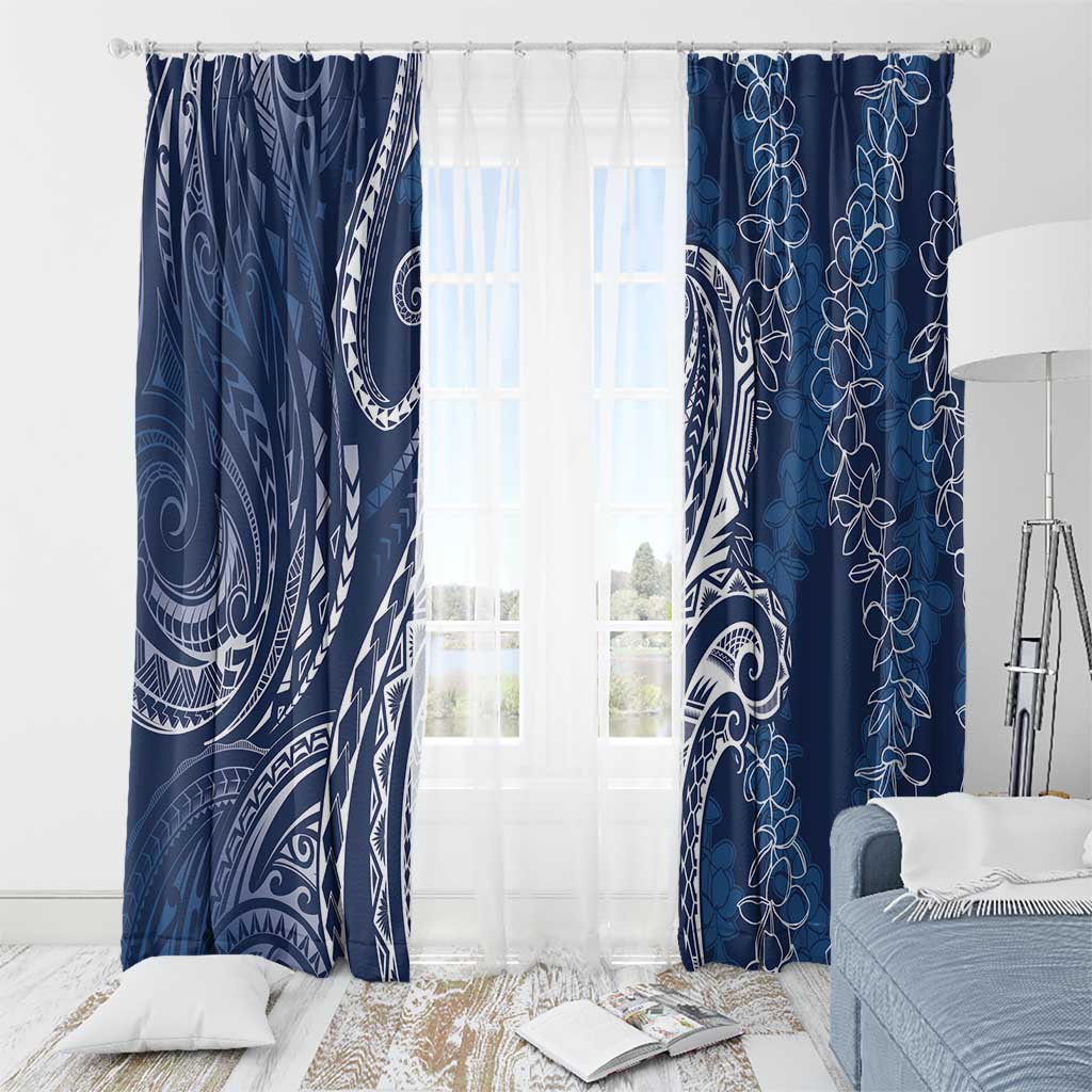 Polynesia Plumeria Lei Window Curtain Navy Blue Curves Motif