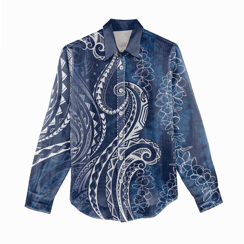 Polynesia Plumeria Lei Women Casual Shirt Navy Blue Curves Motif