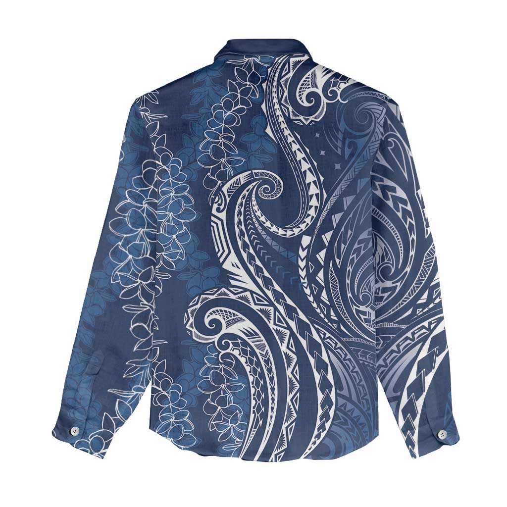 Polynesia Plumeria Lei Women Casual Shirt Navy Blue Curves Motif