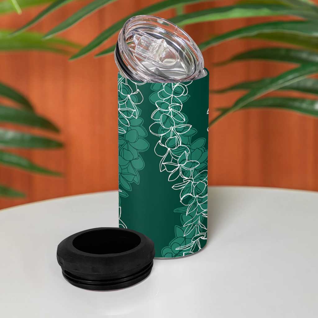 Polynesia Plumeria Lei 4 in 1 Can Cooler Tumbler Sage Green Curves Motif