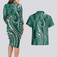 Polynesia Plumeria Lei Couples Matching Long Sleeve Bodycon Dress and Hawaiian Shirt Sage Green Curves Motif