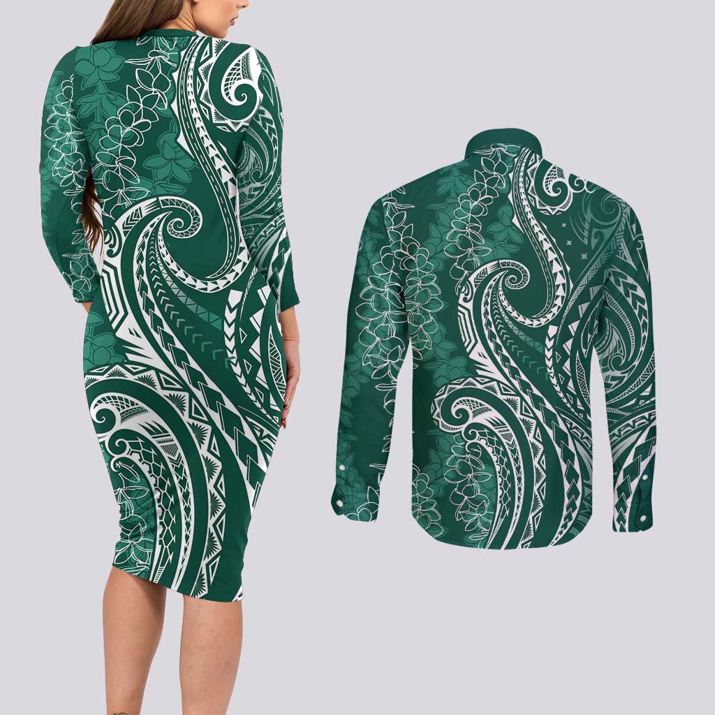 Polynesia Plumeria Lei Couples Matching Long Sleeve Bodycon Dress and Long Sleeve Button Shirt Sage Green Curves Motif