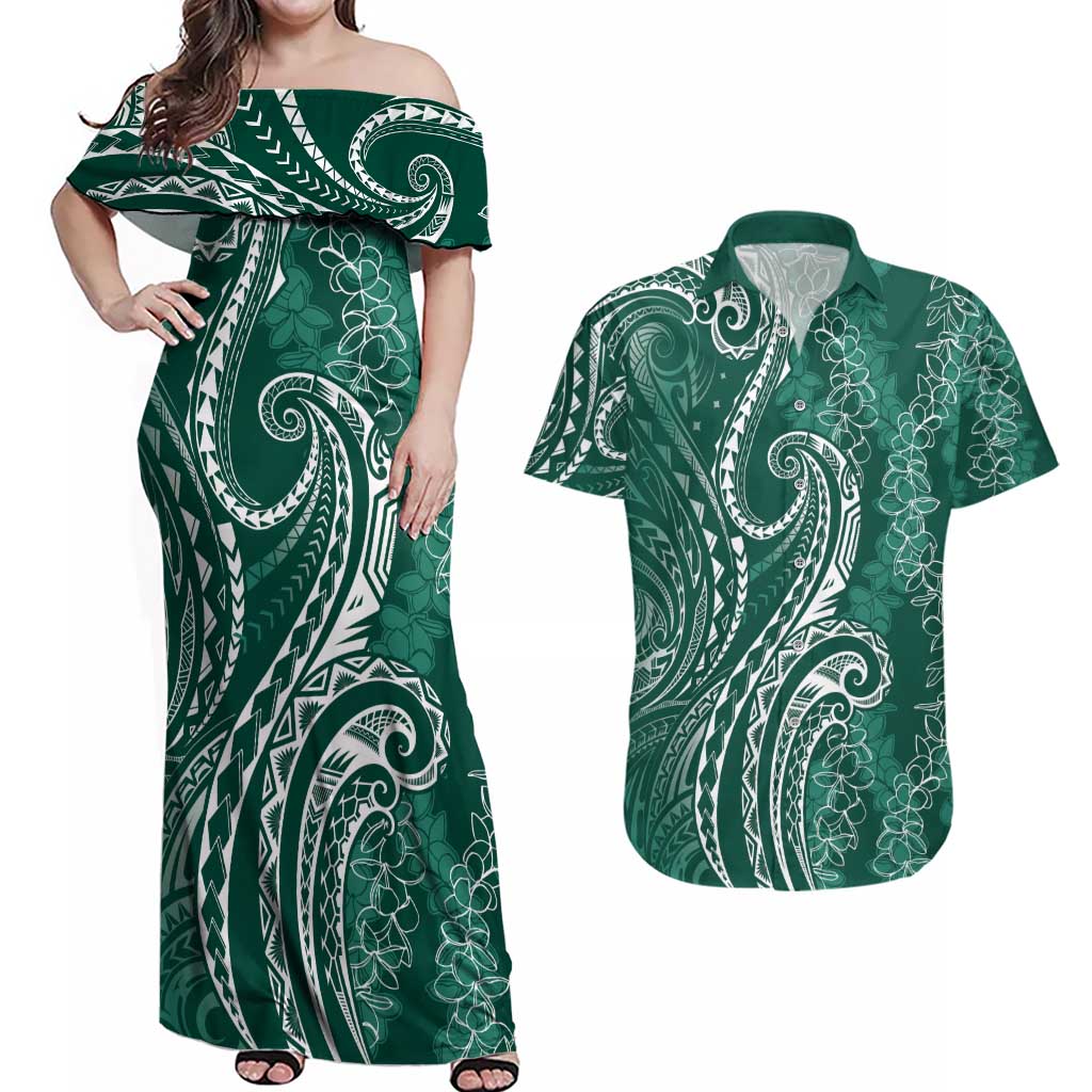 Polynesia Plumeria Lei Couples Matching Off Shoulder Maxi Dress and Hawaiian Shirt Sage Green Curves Motif LT7 Dark Green - Polynesian Pride