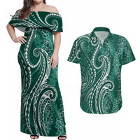 Polynesia Plumeria Lei Couples Matching Off Shoulder Maxi Dress and Hawaiian Shirt Sage Green Curves Motif LT7 Dark Green - Polynesian Pride