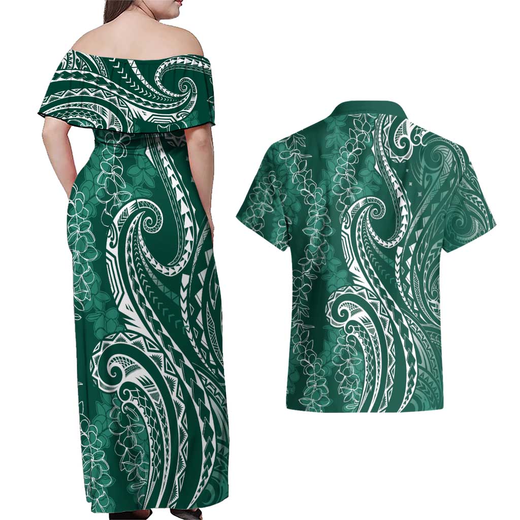 Polynesia Plumeria Lei Couples Matching Off Shoulder Maxi Dress and Hawaiian Shirt Sage Green Curves Motif LT7 - Polynesian Pride