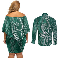 Polynesia Plumeria Lei Couples Matching Off Shoulder Short Dress and Long Sleeve Button Shirt Sage Green Curves Motif