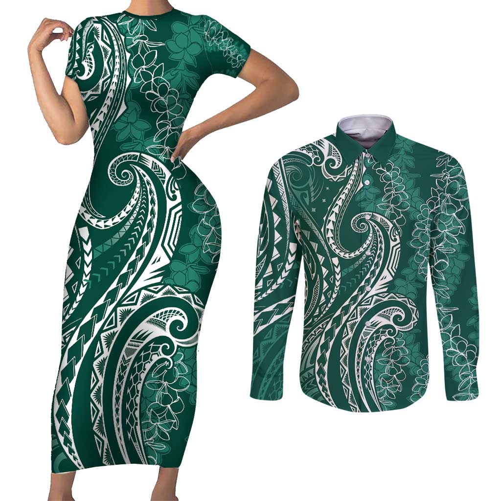 Polynesia Plumeria Lei Couples Matching Short Sleeve Bodycon Dress and Long Sleeve Button Shirt Sage Green Curves Motif