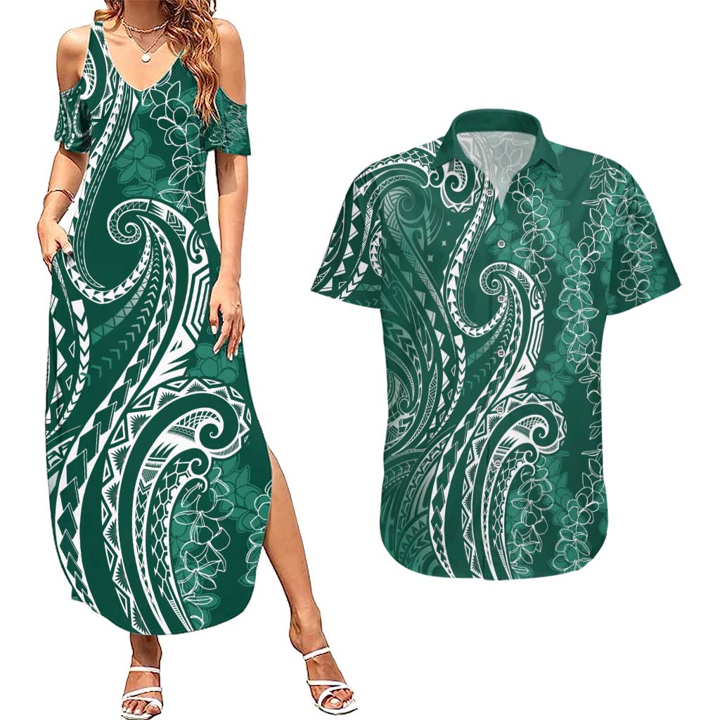 Polynesia Plumeria Lei Couples Matching Summer Maxi Dress and Hawaiian Shirt Sage Green Curves Motif