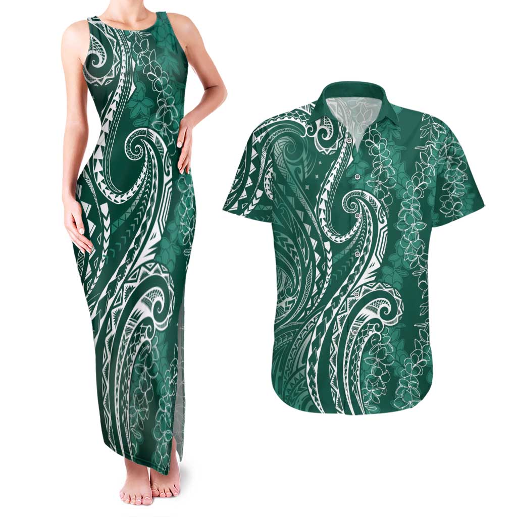 Polynesia Plumeria Lei Couples Matching Tank Maxi Dress and Hawaiian Shirt Sage Green Curves Motif