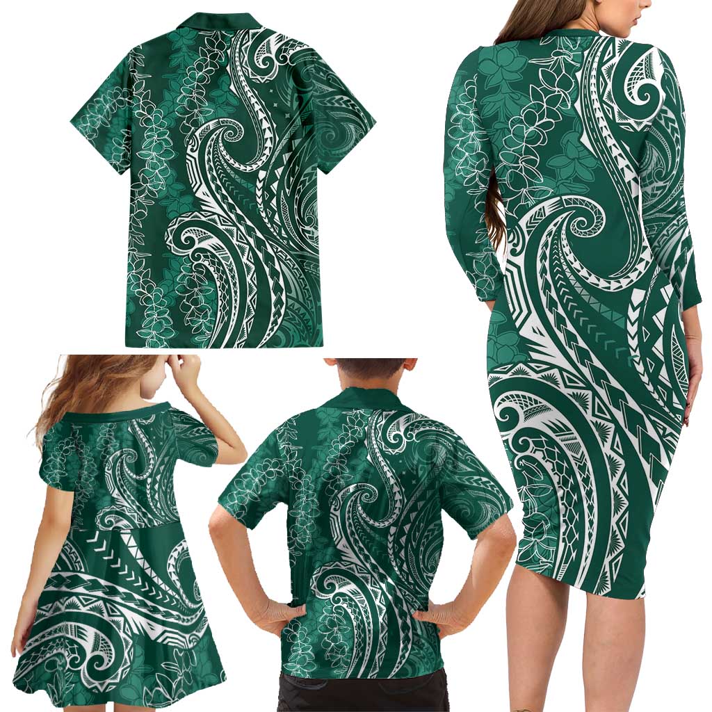Polynesia Plumeria Lei Family Matching Long Sleeve Bodycon Dress and Hawaiian Shirt Sage Green Curves Motif