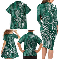 Polynesia Plumeria Lei Family Matching Long Sleeve Bodycon Dress and Hawaiian Shirt Sage Green Curves Motif