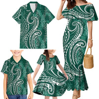 Polynesia Plumeria Lei Family Matching Mermaid Dress and Hawaiian Shirt Sage Green Curves Motif