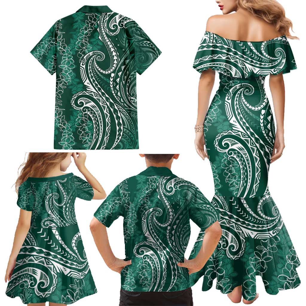 Polynesia Plumeria Lei Family Matching Mermaid Dress and Hawaiian Shirt Sage Green Curves Motif