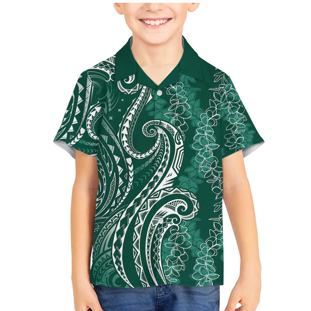 Polynesia Plumeria Lei Family Matching Mermaid Dress and Hawaiian Shirt Sage Green Curves Motif