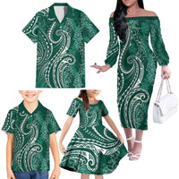 Polynesia Plumeria Lei Family Matching Off The Shoulder Long Sleeve Dress and Hawaiian Shirt Sage Green Curves Motif