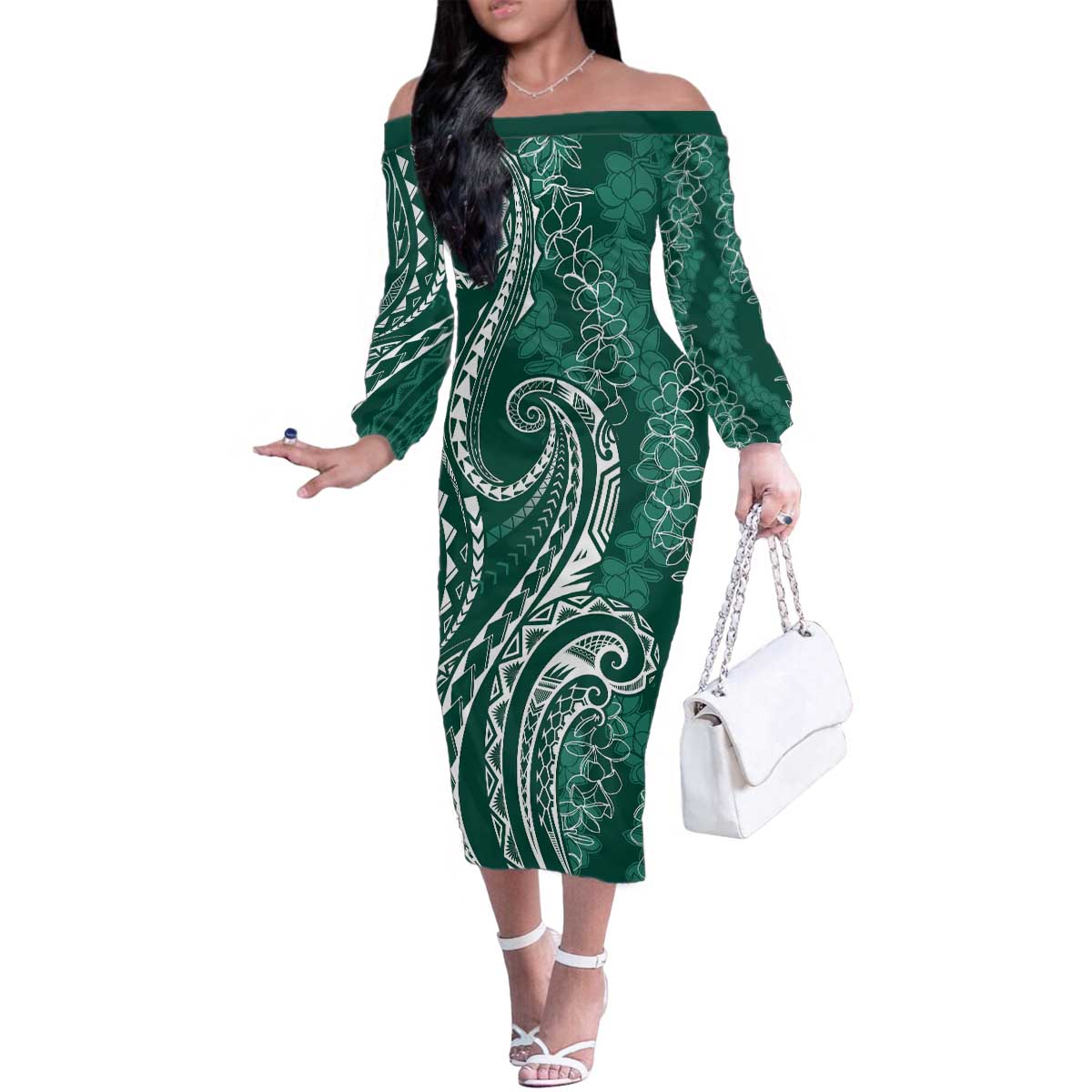 Polynesia Plumeria Lei Family Matching Off The Shoulder Long Sleeve Dress and Hawaiian Shirt Sage Green Curves Motif