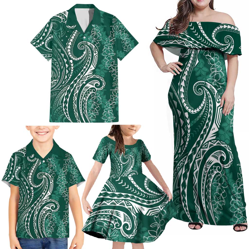 Polynesia Plumeria Lei Family Matching Off Shoulder Maxi Dress and Hawaiian Shirt Sage Green Curves Motif