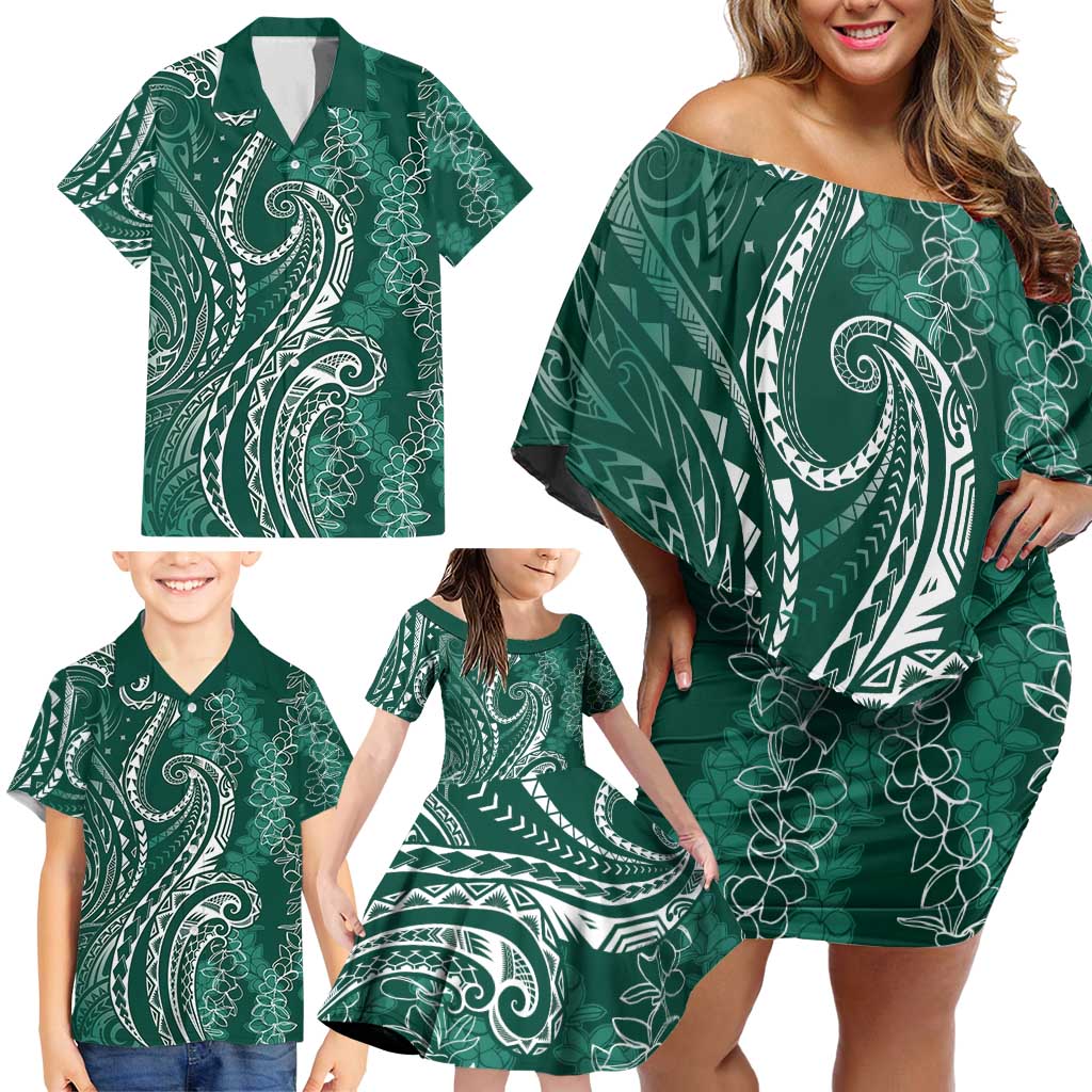 Polynesia Plumeria Lei Family Matching Off Shoulder Short Dress and Hawaiian Shirt Sage Green Curves Motif