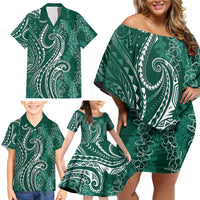 Polynesia Plumeria Lei Family Matching Off Shoulder Short Dress and Hawaiian Shirt Sage Green Curves Motif