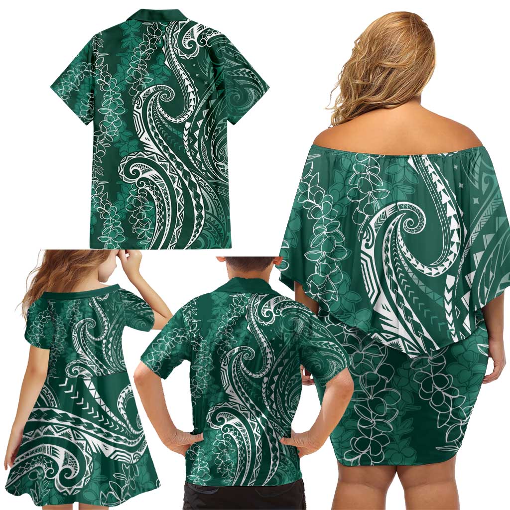 Polynesia Plumeria Lei Family Matching Off Shoulder Short Dress and Hawaiian Shirt Sage Green Curves Motif
