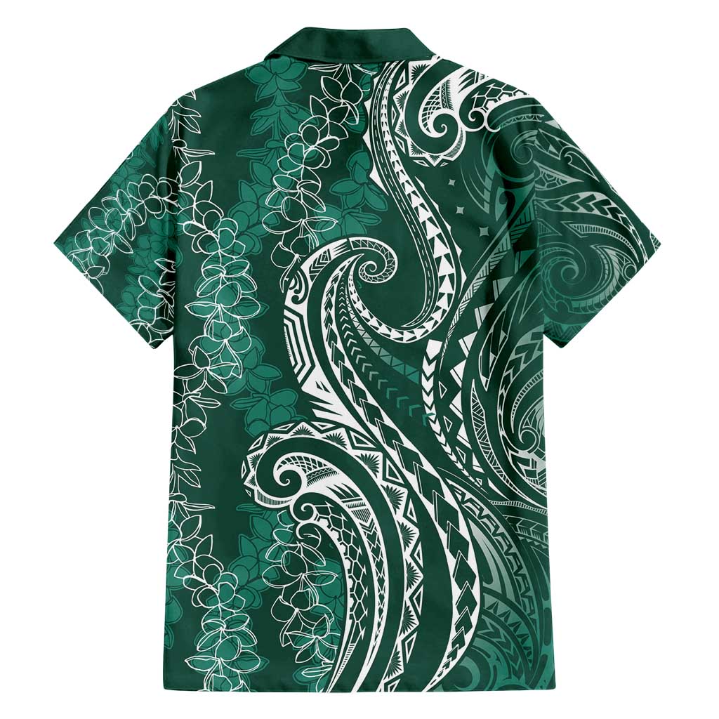 Polynesia Plumeria Lei Family Matching Off Shoulder Short Dress and Hawaiian Shirt Sage Green Curves Motif