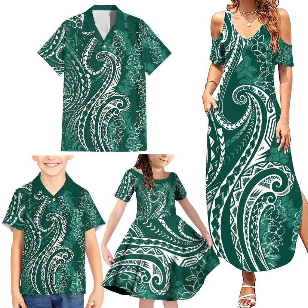 Polynesia Plumeria Lei Family Matching Summer Maxi Dress and Hawaiian Shirt Sage Green Curves Motif