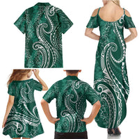 Polynesia Plumeria Lei Family Matching Summer Maxi Dress and Hawaiian Shirt Sage Green Curves Motif