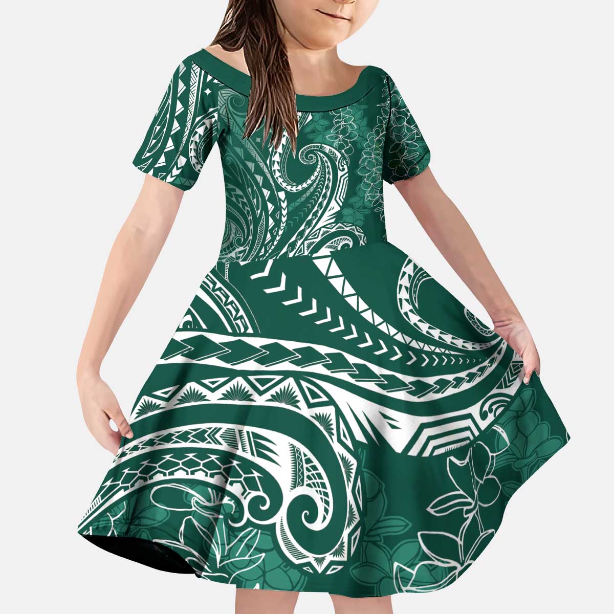 Polynesia Plumeria Lei Kid Short Sleeve Dress Sage Green Curves Motif