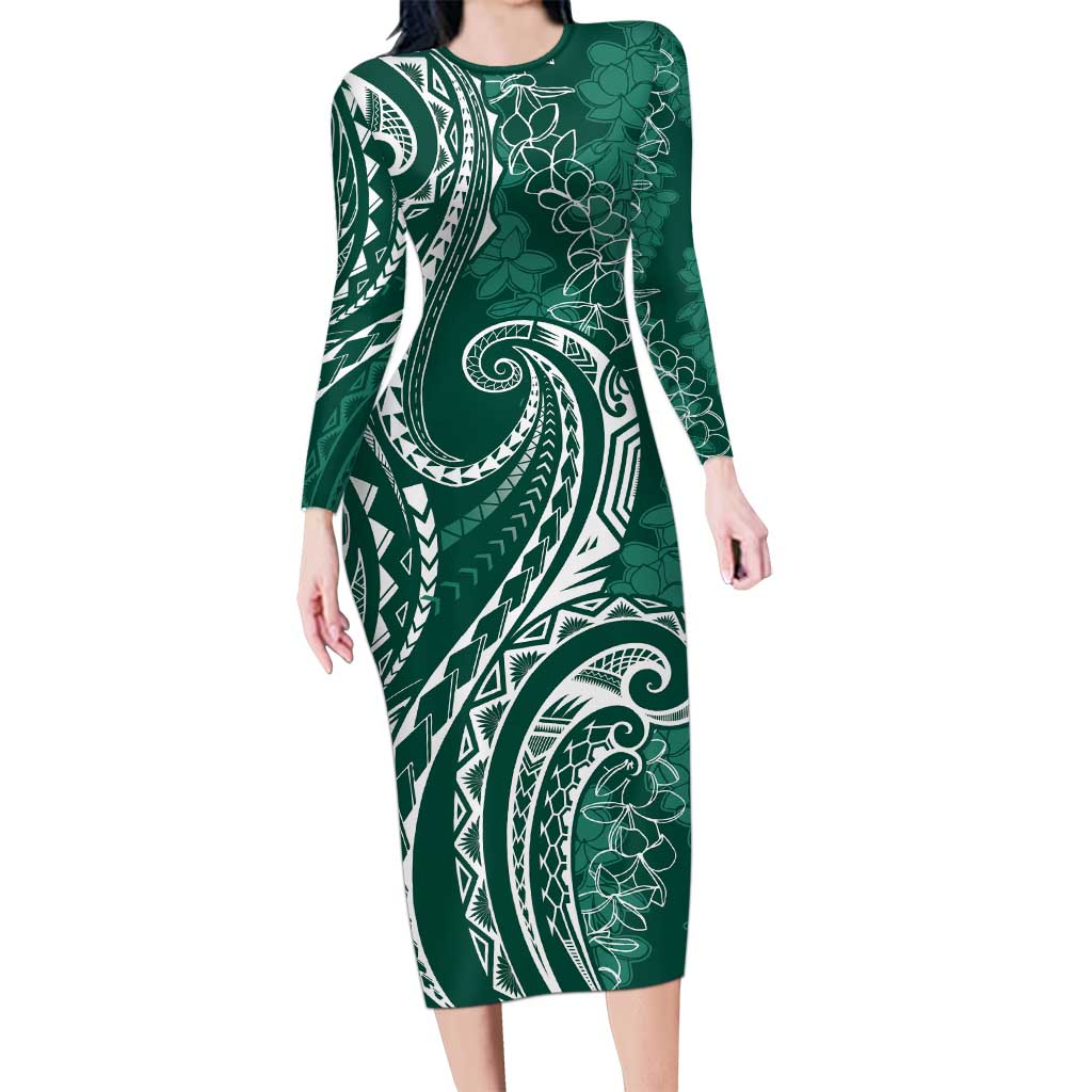 Polynesia Plumeria Lei Long Sleeve Bodycon Dress Sage Green Curves Motif