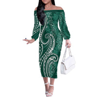 Polynesia Plumeria Lei Off The Shoulder Long Sleeve Dress Sage Green Curves Motif
