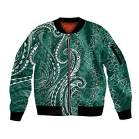 Polynesia Plumeria Lei Sleeve Zip Bomber Jacket Sage Green Curves Motif