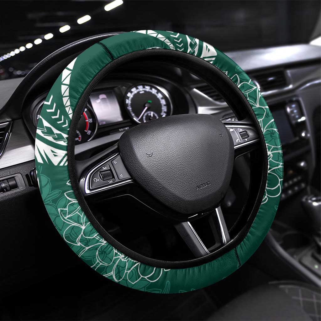 Polynesia Plumeria Lei Steering Wheel Cover Sage Green Curves Motif