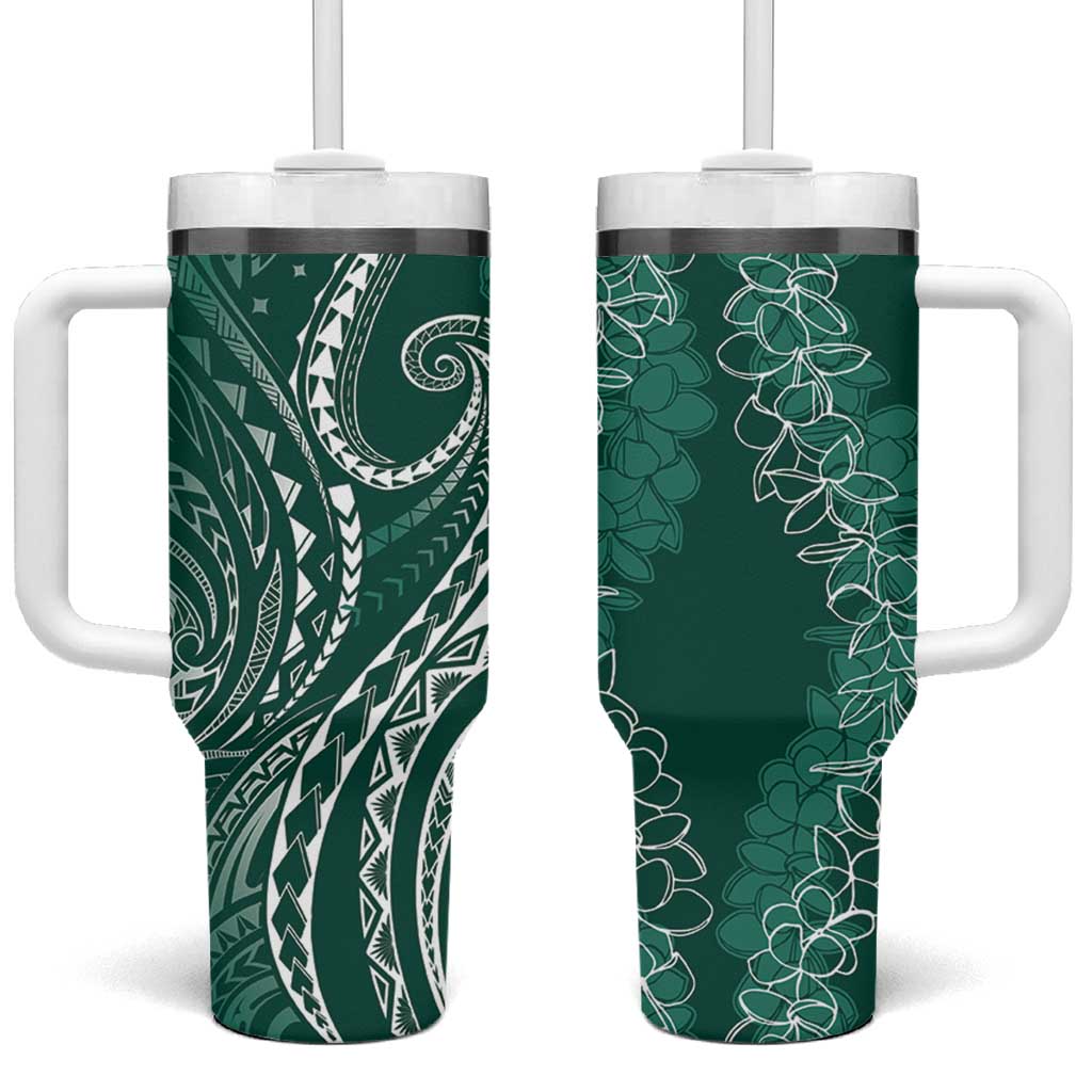 Polynesia Plumeria Lei Tumbler With Handle Sage Green Curves Motif