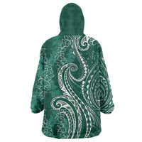 Polynesia Plumeria Lei Wearable Blanket Hoodie Sage Green Curves Motif