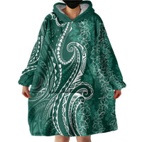 Polynesia Plumeria Lei Wearable Blanket Hoodie Sage Green Curves Motif