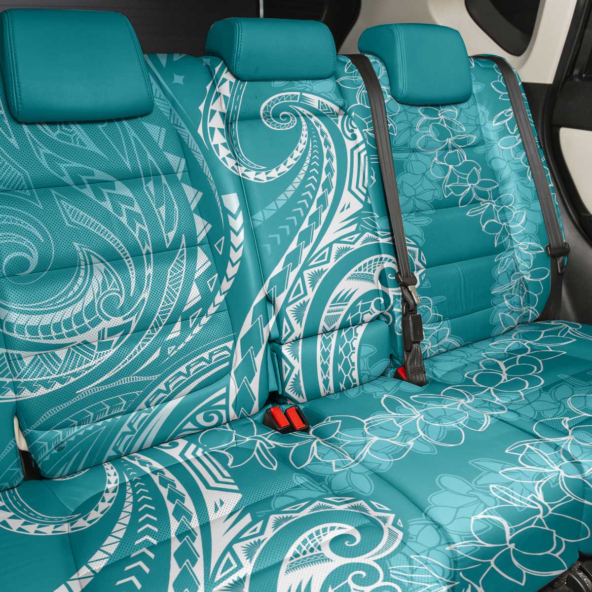 Polynesia Plumeria Lei Back Car Seat Cover Teal Curves Motif
