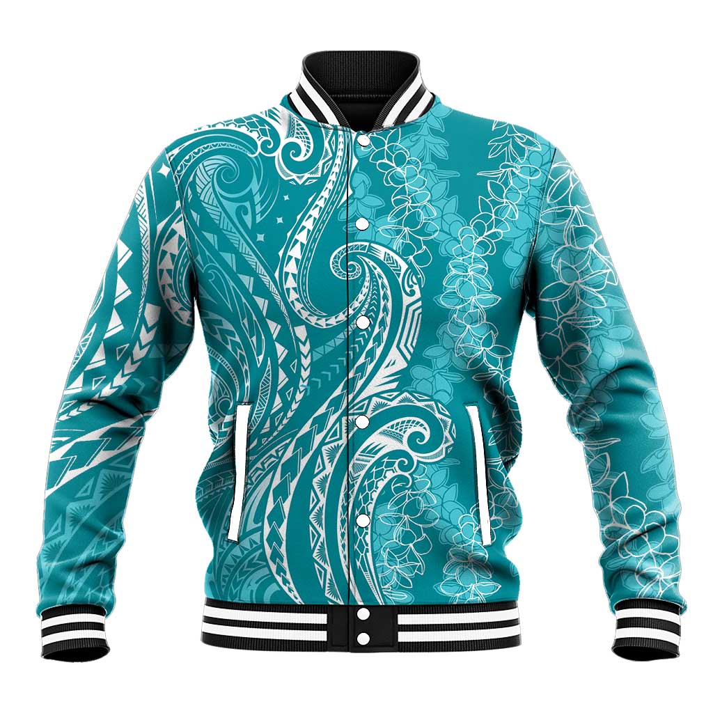 Polynesia Plumeria Lei Baseball Jacket Teal Curves Motif