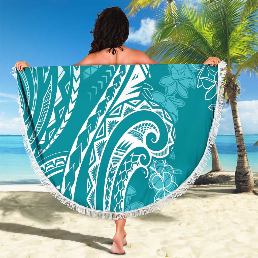 Polynesia Plumeria Lei Beach Blanket Teal Curves Motif