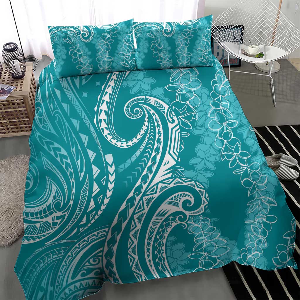 Polynesia Plumeria Lei Bedding Set Teal Curves Motif