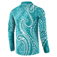 Polynesia Plumeria Lei Button Sweatshirt Teal Curves Motif