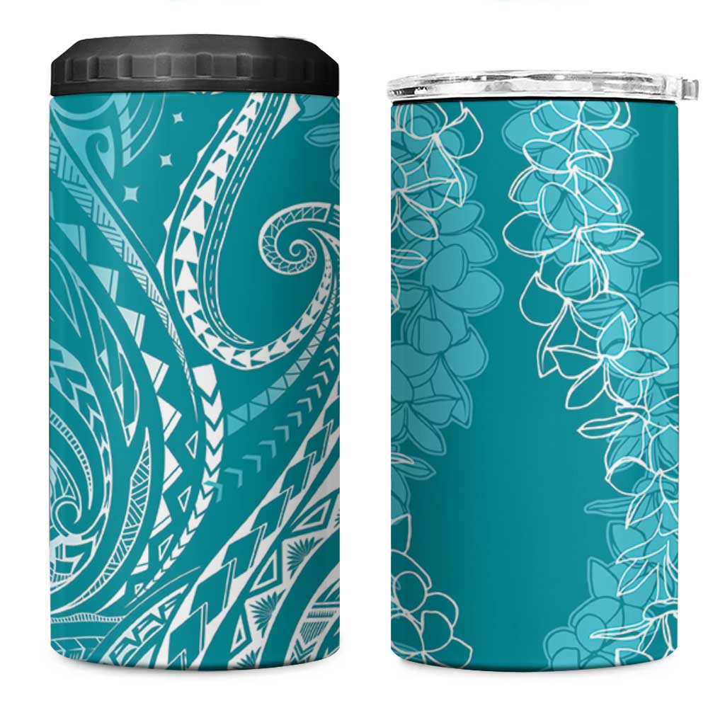 Polynesia Plumeria Lei 4 in 1 Can Cooler Tumbler Teal Curves Motif