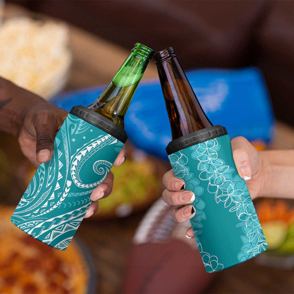 Polynesia Plumeria Lei 4 in 1 Can Cooler Tumbler Teal Curves Motif