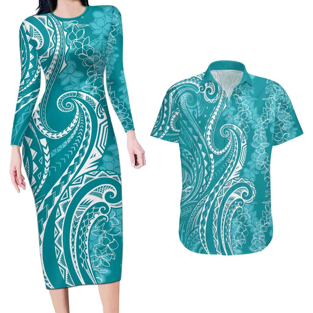 Polynesia Plumeria Lei Couples Matching Long Sleeve Bodycon Dress and Hawaiian Shirt Teal Curves Motif