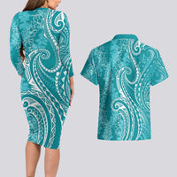 Polynesia Plumeria Lei Couples Matching Long Sleeve Bodycon Dress and Hawaiian Shirt Teal Curves Motif
