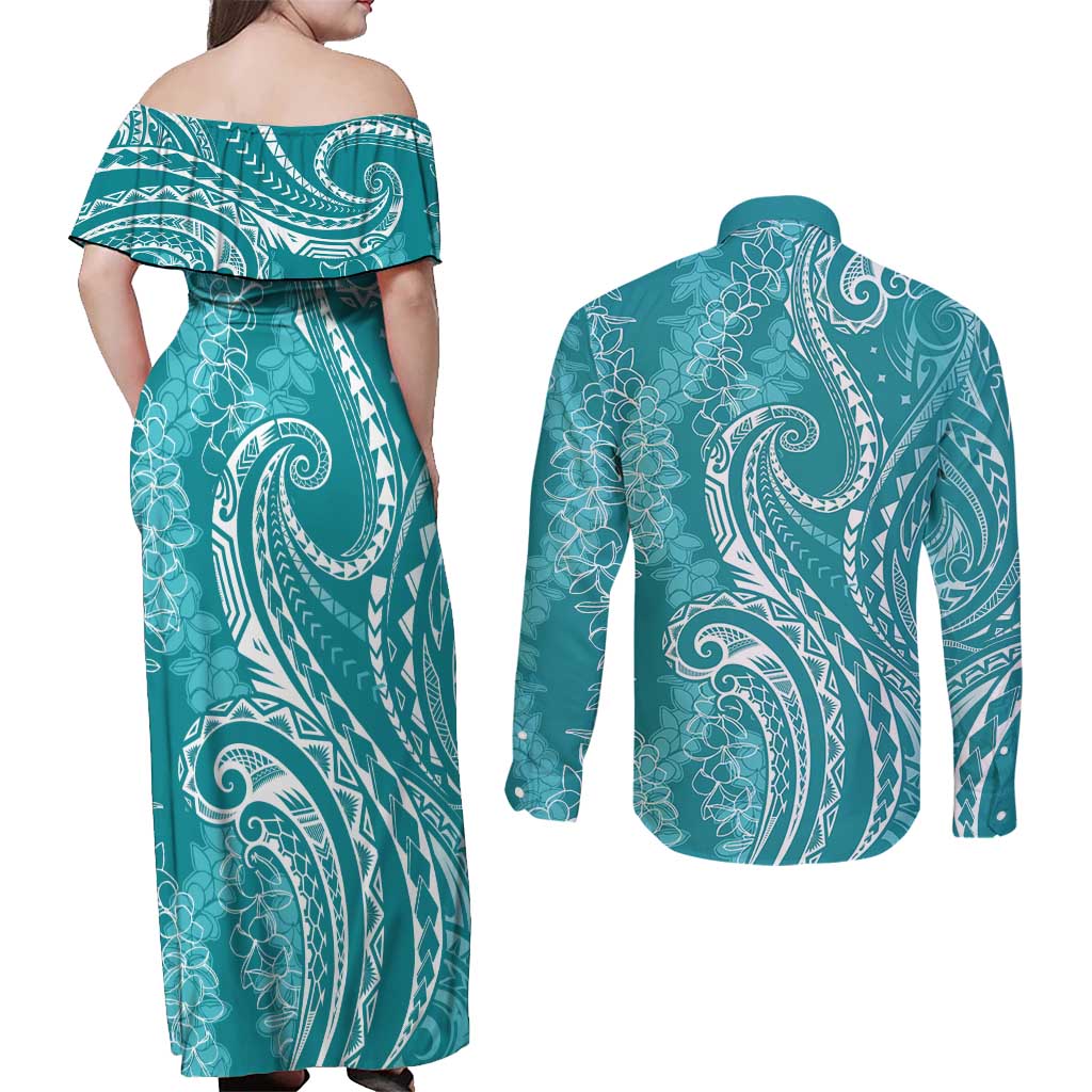 Polynesia Plumeria Lei Couples Matching Off Shoulder Maxi Dress and Long Sleeve Button Shirt Teal Curves Motif LT7 - Polynesian Pride