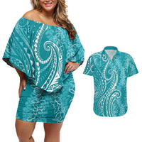Polynesia Plumeria Lei Couples Matching Off Shoulder Short Dress and Hawaiian Shirt Teal Curves Motif