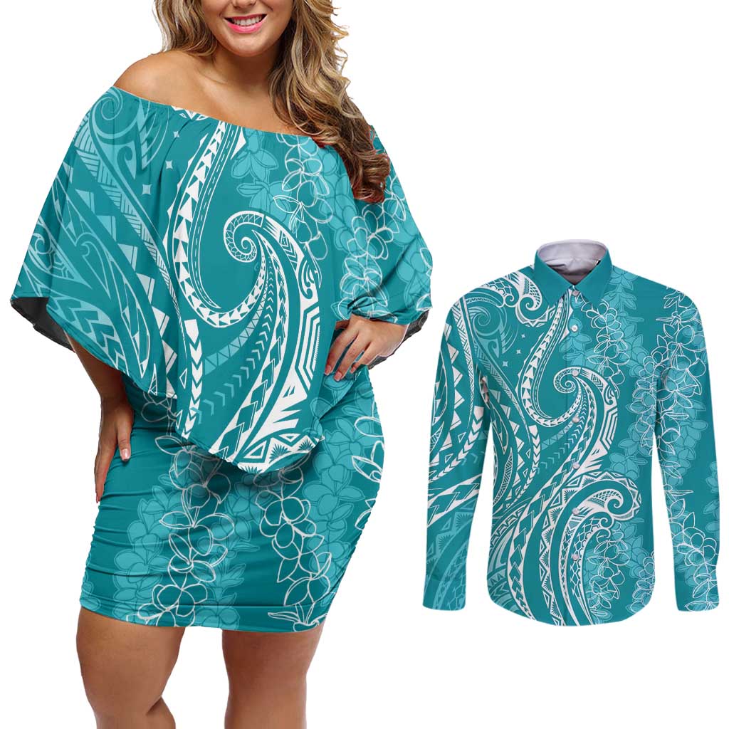 Polynesia Plumeria Lei Couples Matching Off Shoulder Short Dress and Long Sleeve Button Shirt Teal Curves Motif