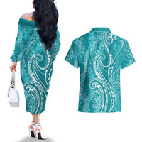 Polynesia Plumeria Lei Couples Matching Off The Shoulder Long Sleeve Dress and Hawaiian Shirt Teal Curves Motif