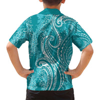 Polynesia Plumeria Lei Family Matching Long Sleeve Bodycon Dress and Hawaiian Shirt Teal Curves Motif