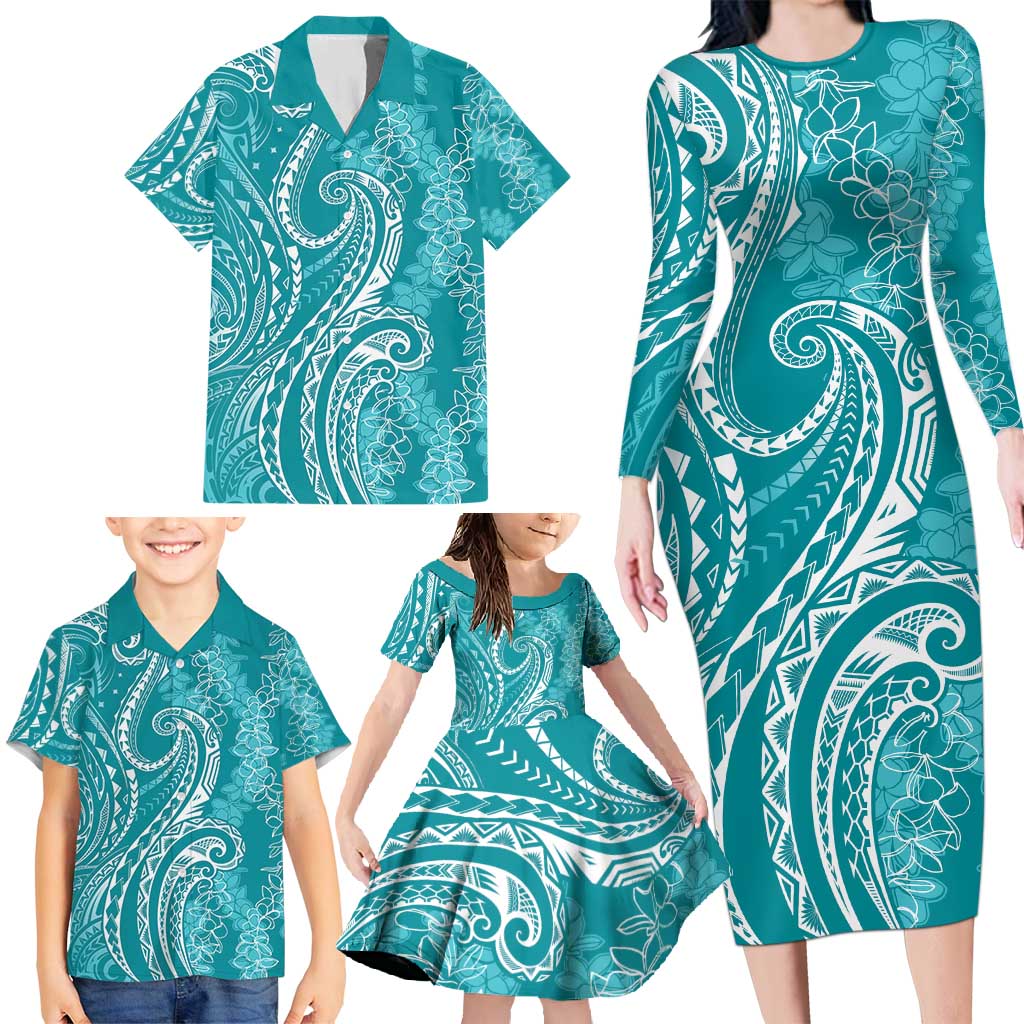 Polynesia Plumeria Lei Family Matching Long Sleeve Bodycon Dress and Hawaiian Shirt Teal Curves Motif